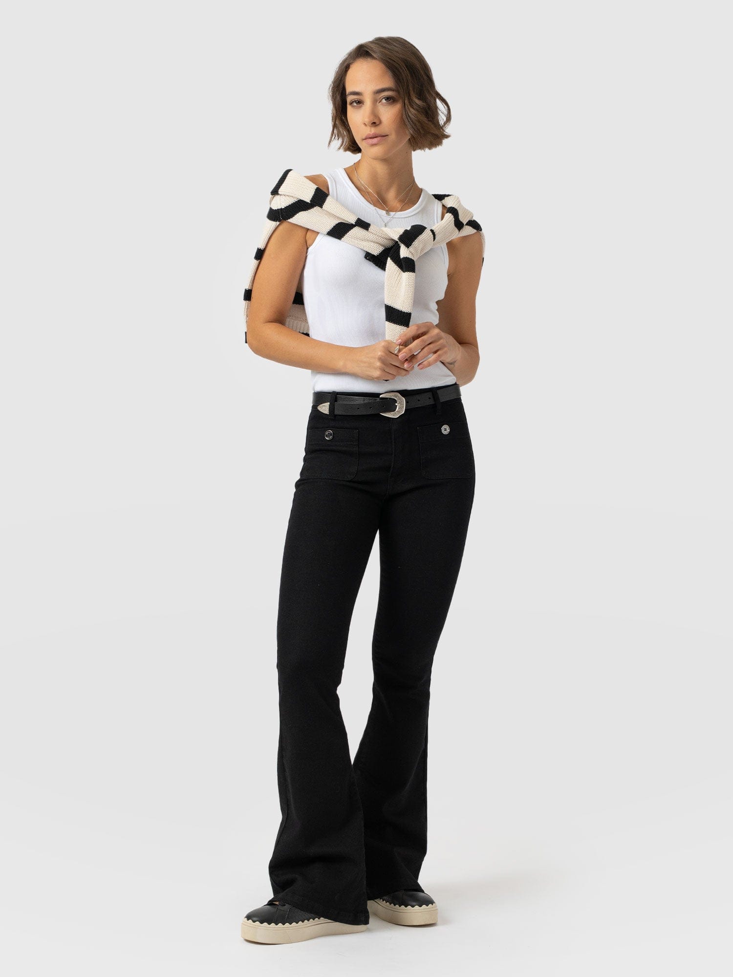 Bowie Stretch Flare Jeans - Jet Black - Women's Denims | Saint + Sofia® USA